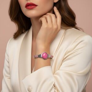 Paparazzi Pink Stone with Black Veining Silver Tone Cuff Bracelet NWOT